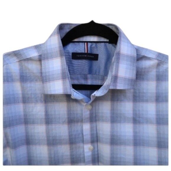 Tommy Hilfiger Shirt Mens Size16.5  Button Up Long Sleeve Blue Plaid - Picture 1 of 5